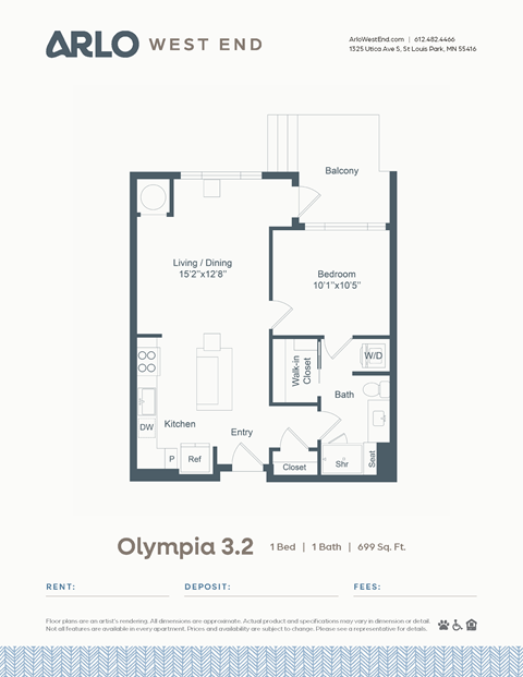Floor plan for 1 bed, 1 bath, 699 sqft